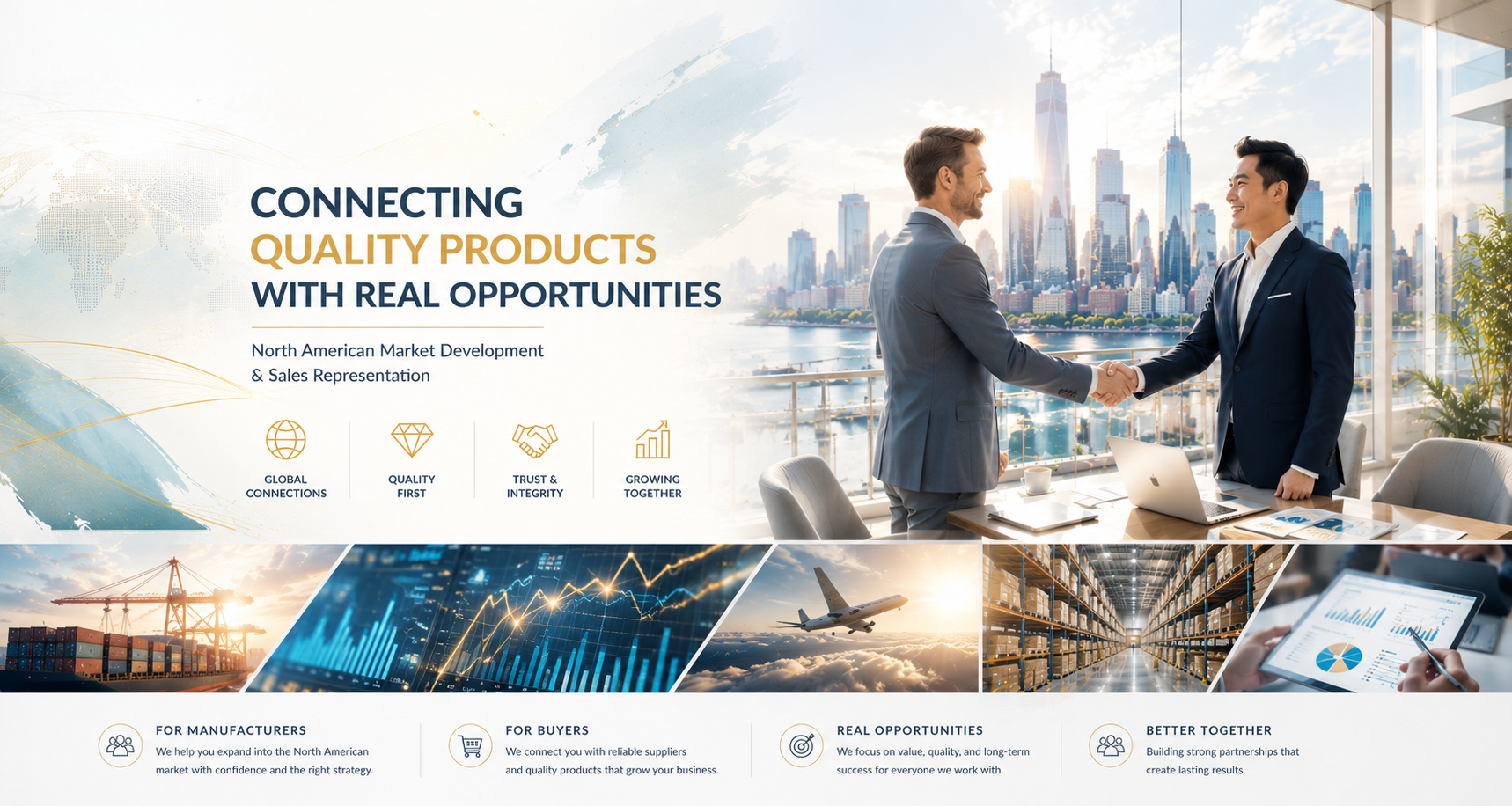 North American market development and sales representation business banner connecting quality products with real opportunities.
